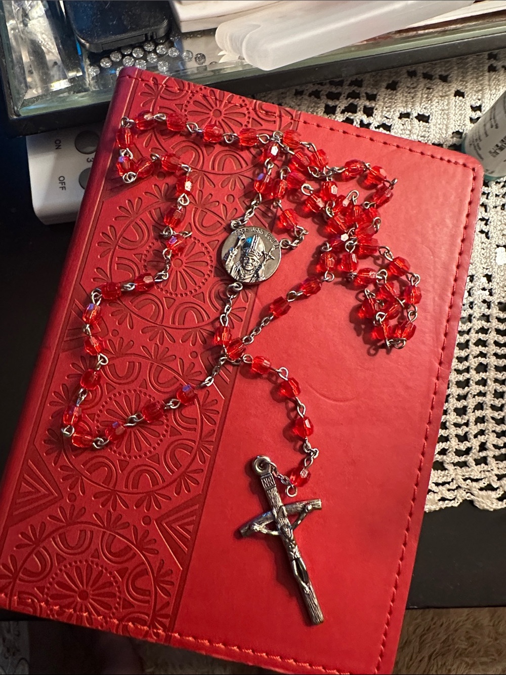 Red Crystal Rosary Necklace with Silver-Tone Crucifix